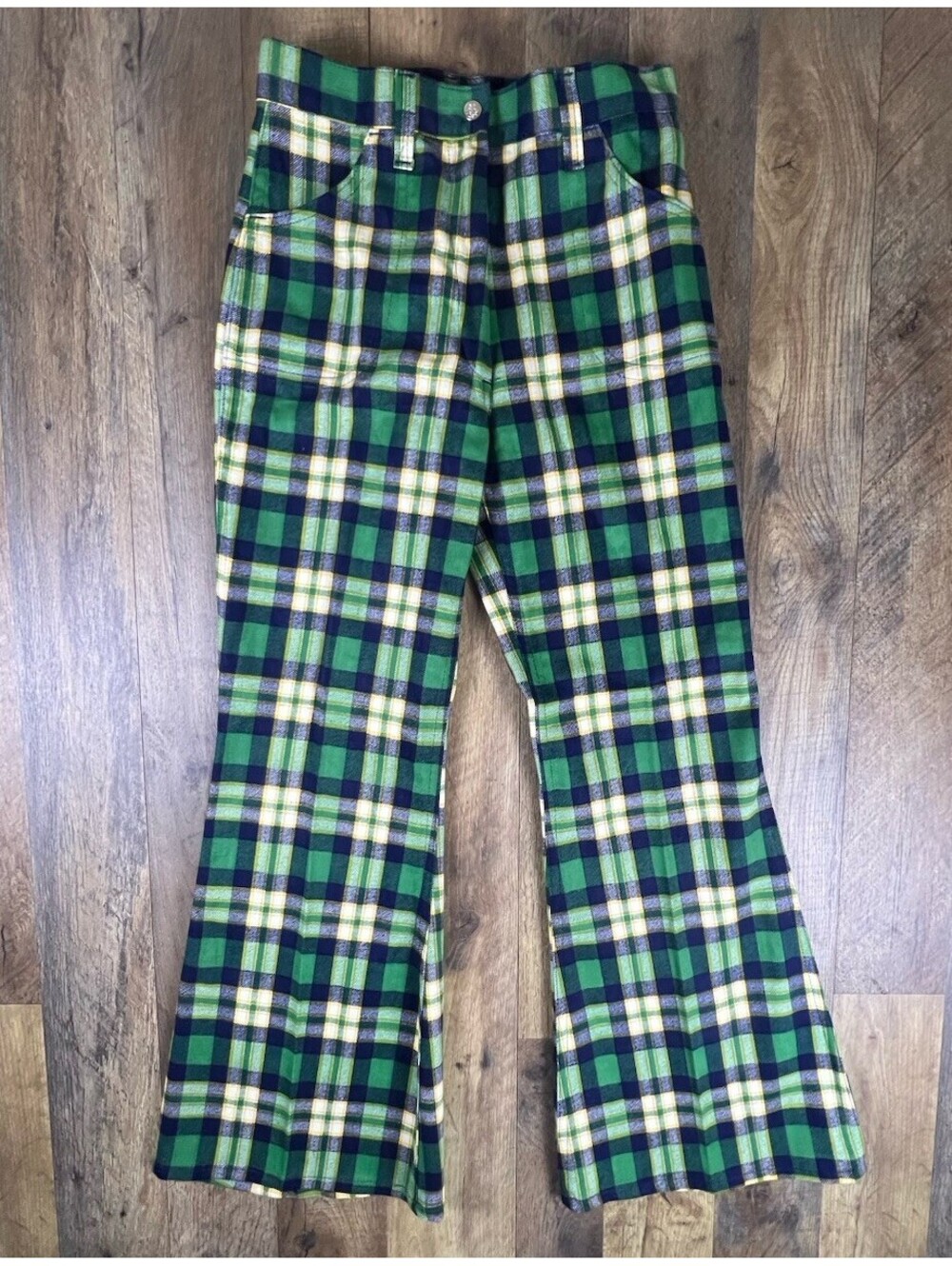 Vintage Little Miss Holly Pants 1970s Plaid 14 Green Slacks Tartan Bell Bottoms